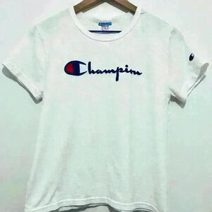 Champion Classic T-Shirt, Women’s Size Medium, White with Navy Blue Script Logo